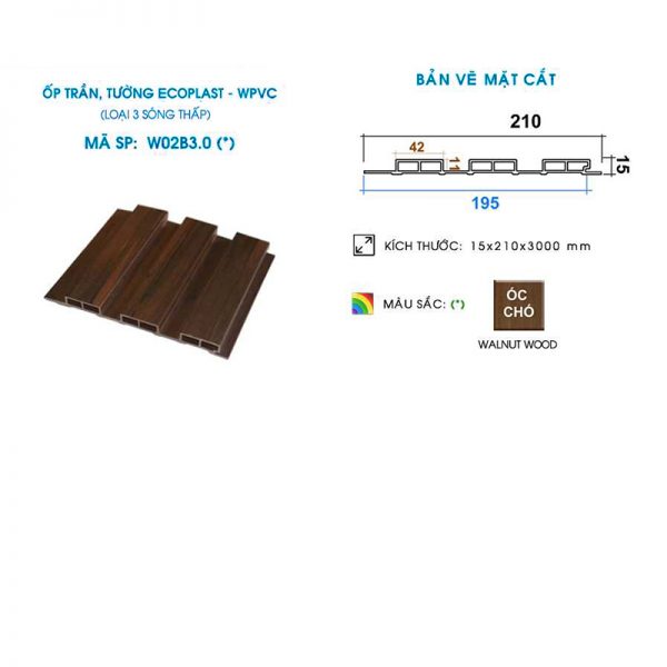 Gỗ nhựa ốp trần, tường Ecoplast W02B (3 Sóng thấp) Gỗ nhựa ốp trần, tường Ecoplast W02B (3 Sóng thấp)
