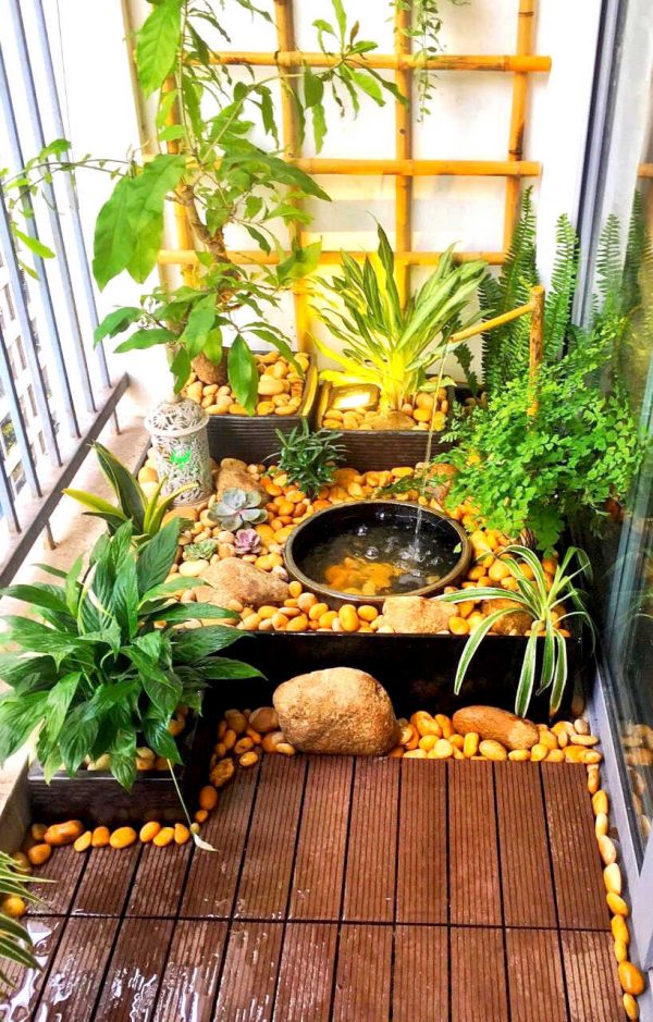 Mẫu trang trí tiểu cảnh sỏi - nước ban công Mẫu trang trí tiểu cảnh sỏi - nước ban công